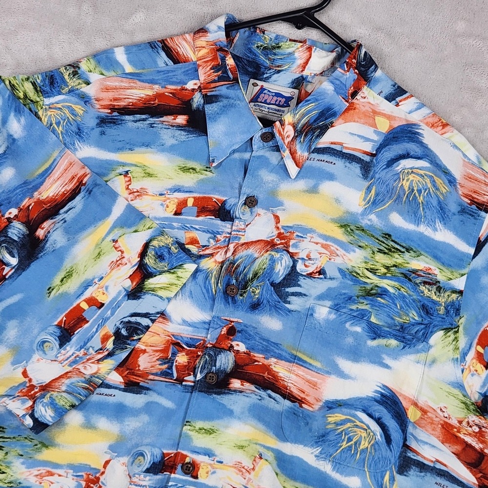Reyn Spooner Shirt Mens 2XL Blue Racing Car Hawaiian Rayonโ Short Sleeve Nakaoka